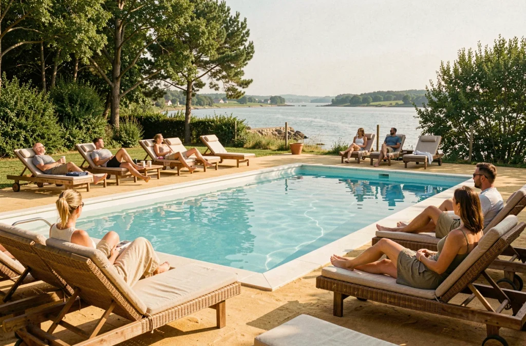Piscine du camping Les Iles à Pénestin avec vue sur l'estuaire de la Vilaine en Morbihan