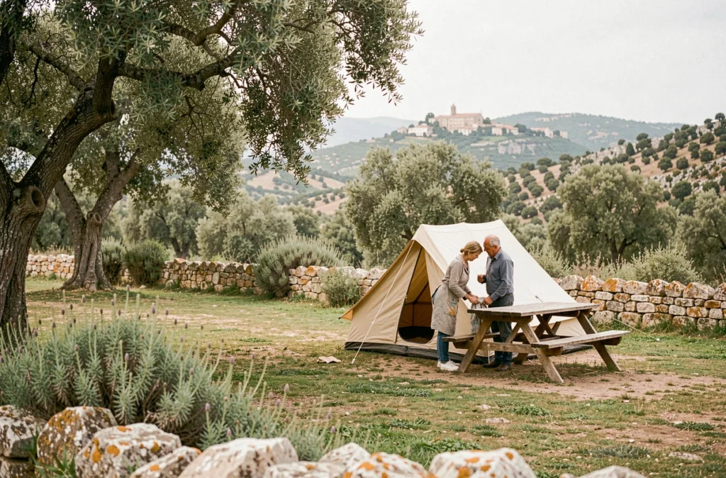 Camping Les Plans dans le Gard avec emplacements herbeux ombragés sous les chênes en pleine garrigue