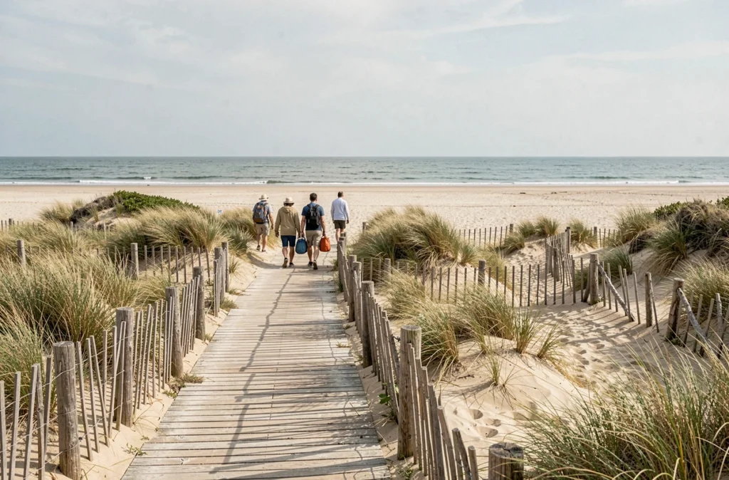 Camping Mer et Camargue dans le Gard avec passerelle en bois traversant les dunes vers la plage méditerranéenne