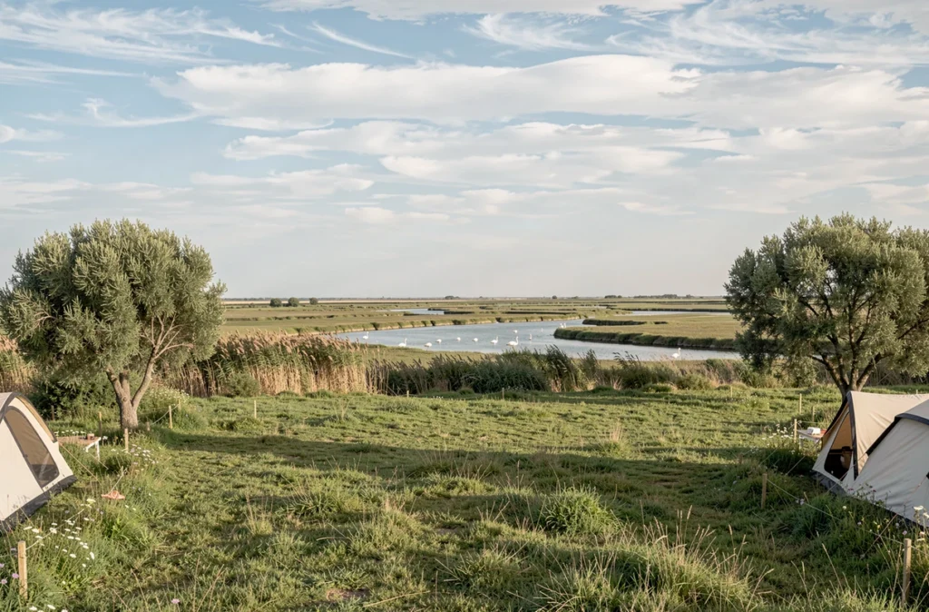 Camping La Petite Camargue avec vue sur les zones humides, roseaux et flamants roses au loin dans le Gard