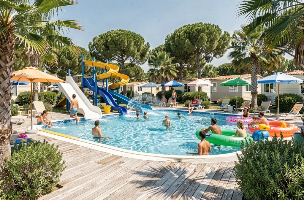 Camping Les Petits Camarguais dans le Gard avec parc aquatique animé, toboggans et piscines sous les palmiers