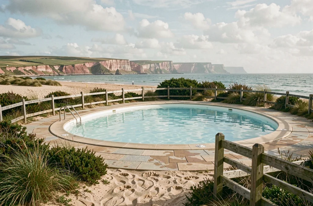 Piscine du camping Saint Pabu Plage à Erquy avec paysage côtier des Côtes-d'Armor