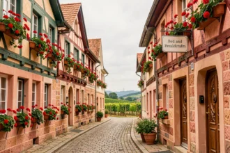Vue d'une rue alsacienne pittoresque avec maisons à colombages et enseignes de chambres d'hôtes dans le Haut-Rhin
