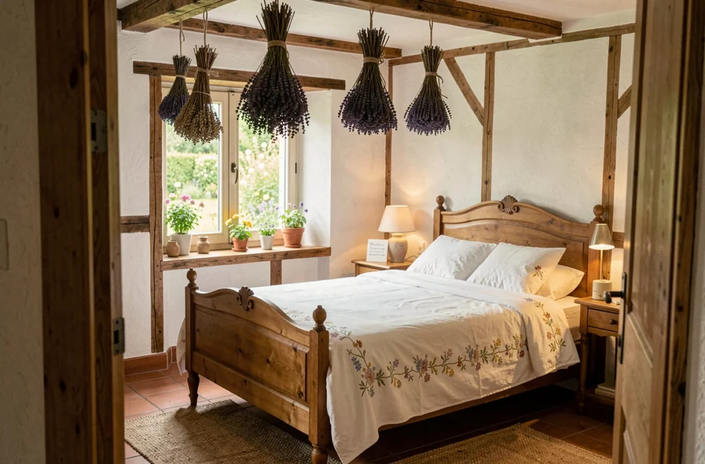 Chambre douillette de la maison d'hôtes Le Coup de Cœur de Mireille à Walbach avec lit en chêne ancien et poutres apparentes