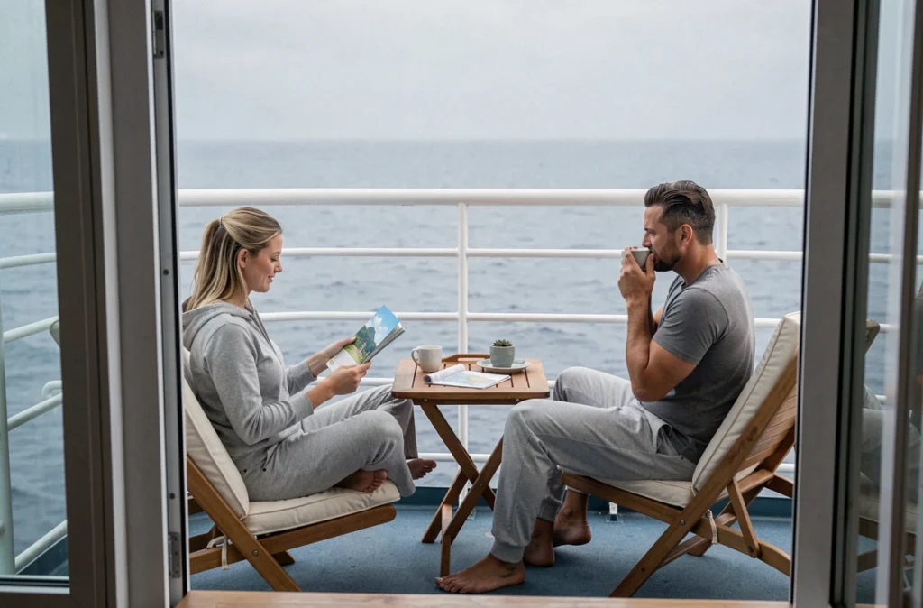 Couple en détente sur le balcon de leur cabine de croisière face à la mer lors d'un week-end romantique