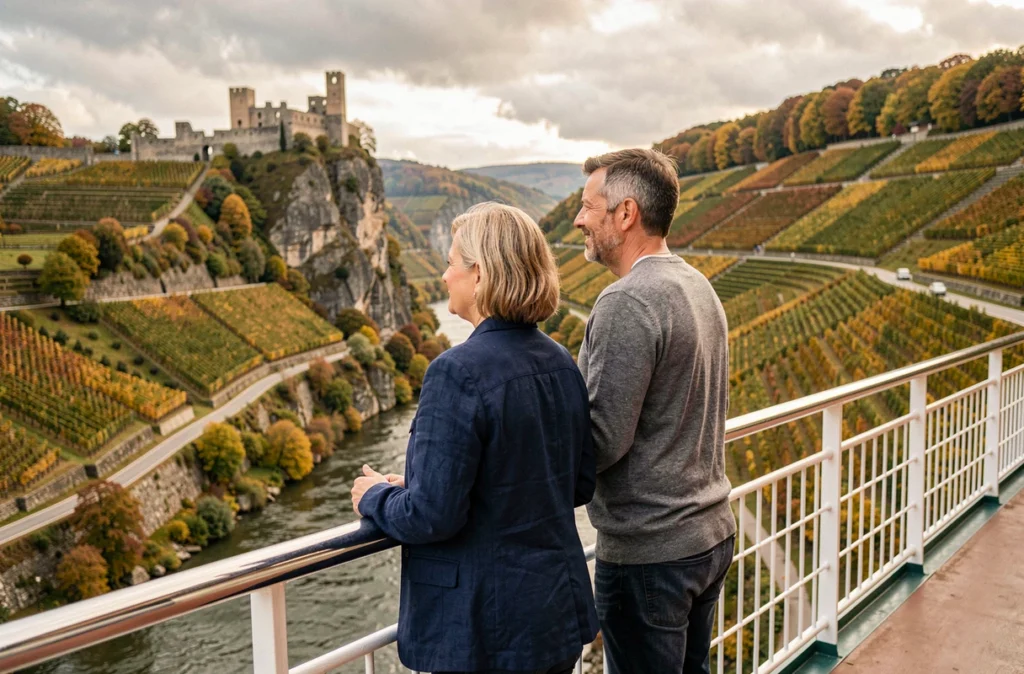Couple profitant d'une croisière sur le Rhin en week-end avec des vignobles et un château médiéval en arrière-plan