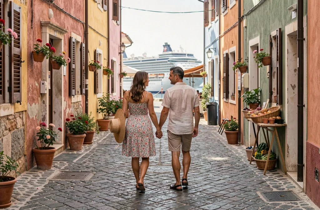 Couple en escale dans un port méditerranéen coloré lors d'une croisière romantique en amoureux