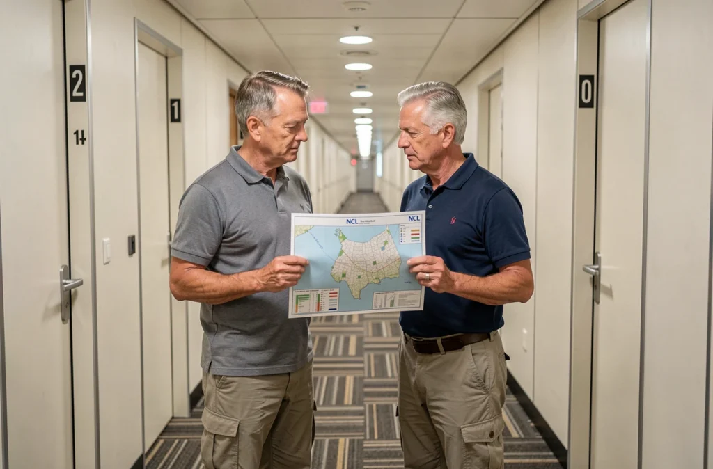 Couple comparant les numéros de cabine sur un plan de pont NCL dans un couloir de navire de croisière