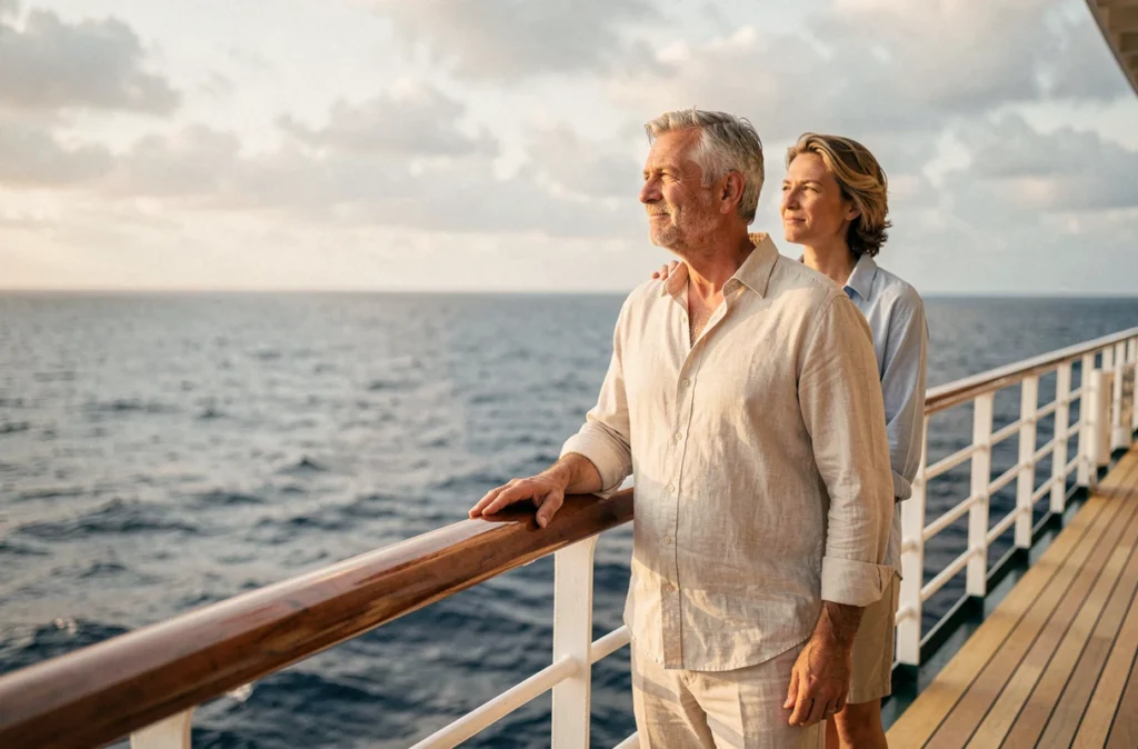 Couple de voyageurs admirant l'océan depuis le pont d'un paquebot de croisière transatlantique
