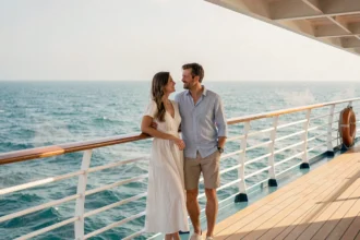 Couple romantique au bord d'un paquebot de croisière contemplant l'horizon marin lors d'un week-end en amoureux