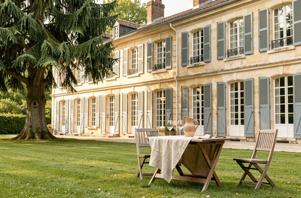 Façade en pierre calcaire du Domaine de Landrevie avec terrasse et jardin soigné en Dordogne
