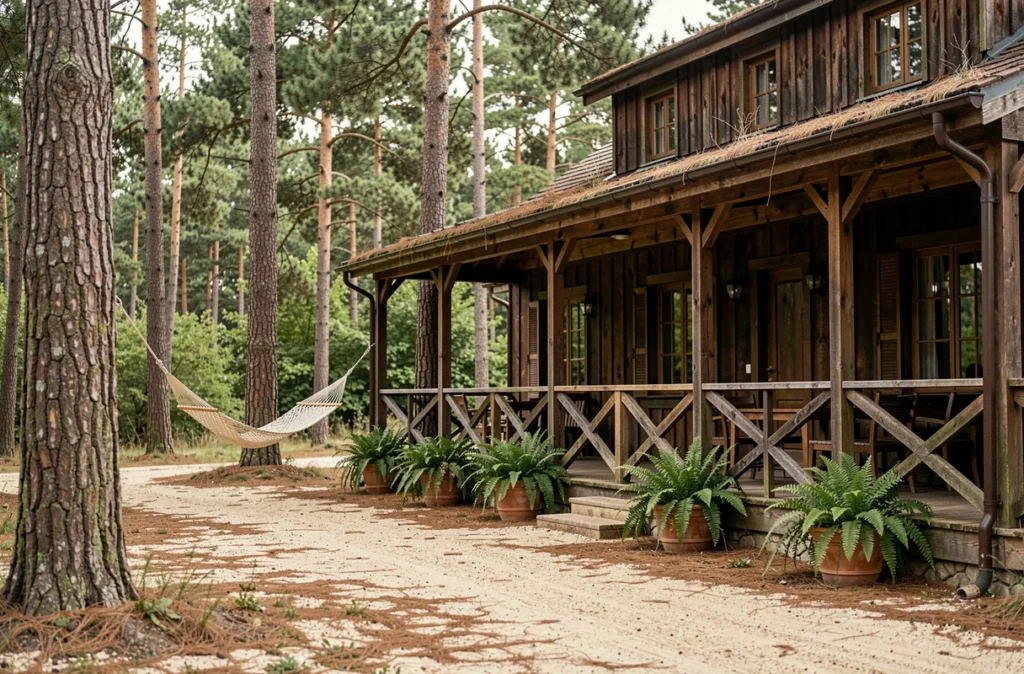 Le Domaine de Mestre dans les Landes avec lodge en bois de pin, véranda et hamac au milieu de la forêt landaise