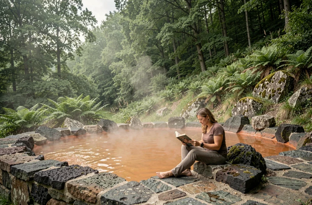 Domaine des Fumades dans le Gard avec piscine thermale naturelle en pierre et végétation luxuriante de la vallée de la Cèze