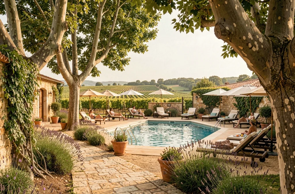 Domaine de Massereau dans le Gard avec allées en pierre, piscine extérieure et cadre viticole provençal