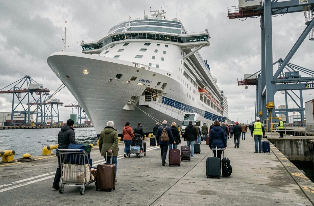 Terminal de croisière avec passagers embarquant sur un paquebot transatlantique dans un port maritime