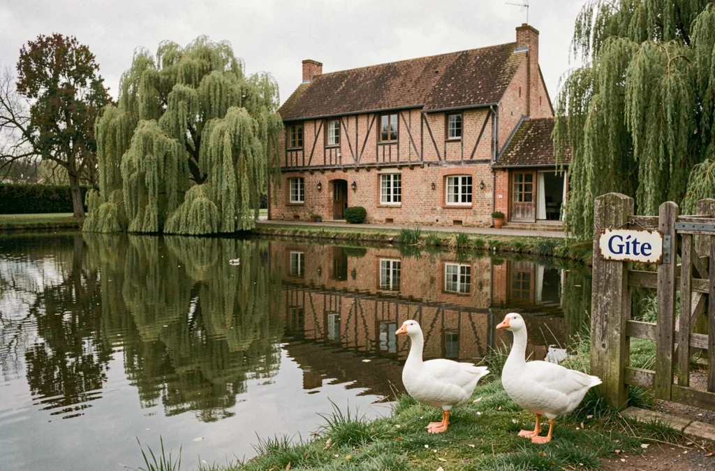 La Ferme de Mounaques dans le Gers avec mare, oies blanches et reflet de la maison gasconne à colombages