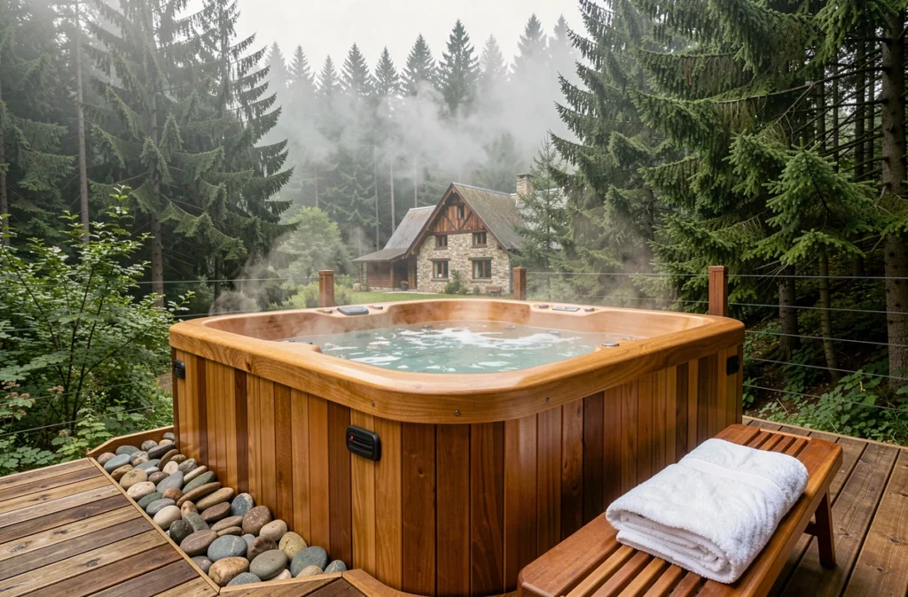 Jacuzzi en bois extérieur au Gîte Spa et Nature avec vue sur la forêt aquitaine et chalet en arrière-plan
