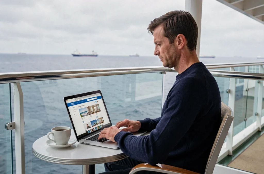 Homme consultant le site NCL sur un ordinateur portable depuis le balcon de sa cabine de croisière en mer