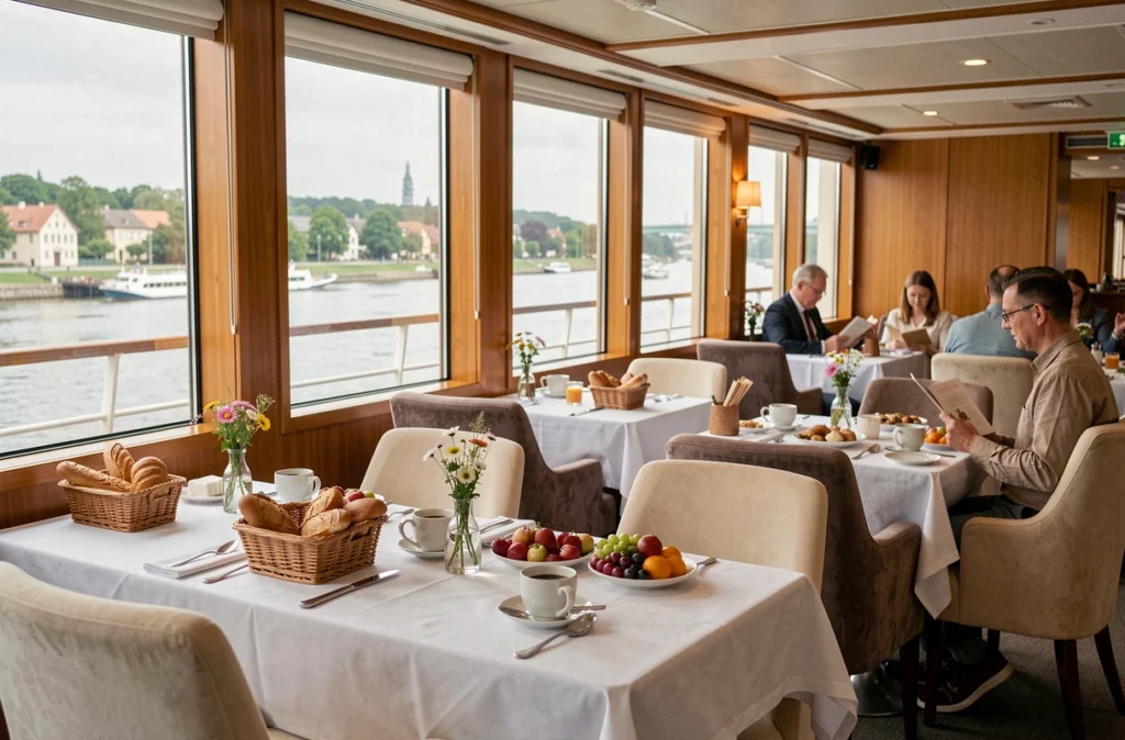 Salle à manger intérieure d'un bateau de croisière fluviale sur le Rhin avec vue panoramique sur le fleuve