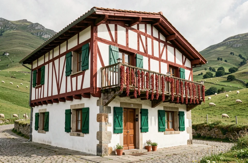 Maison Etchegaraya près de Saint-Jean-Pied-de-Port avec façade basque rouge et blanche, piments rouges et volets verts
