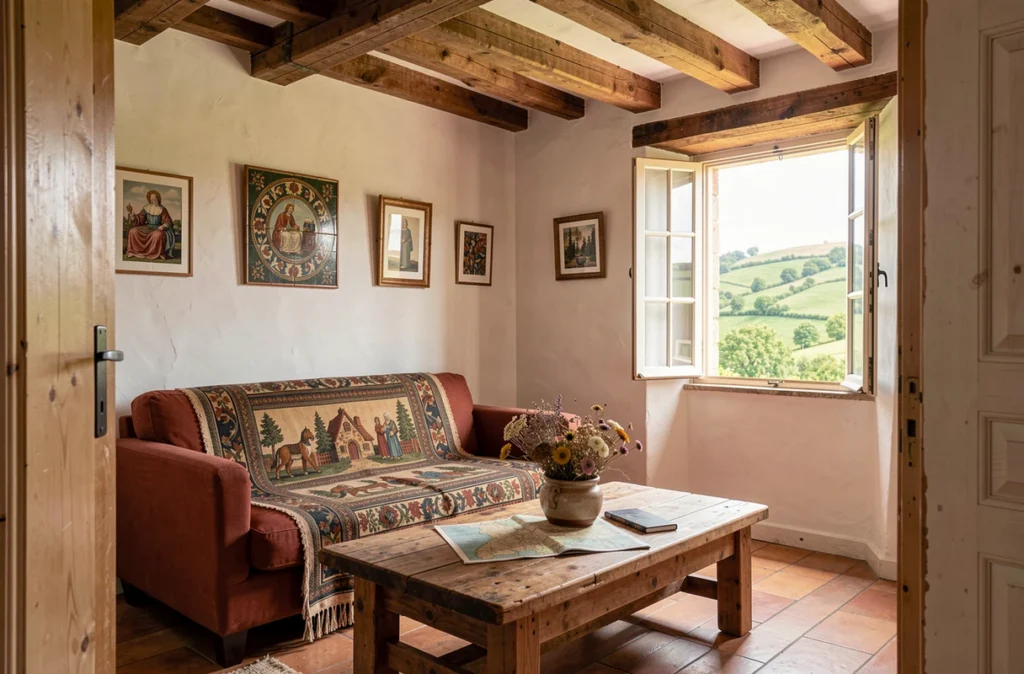 Salon de Maison Montaut avec poutres apparentes, murs chaulés et décoration en céramique basque traditionnelle