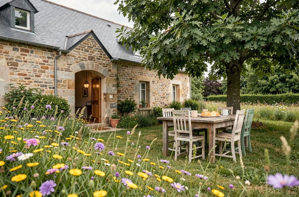 Le Mas de Lillet en Limousin entouré d'une prairie fleurie avec table rustique sous un noyer en été