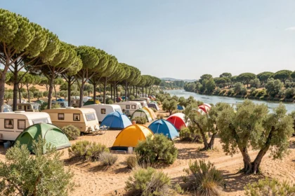 Vue panoramique d'un camping ombragé dans le Gard avec tentes et mobil-homes sous les pins méditerranéens