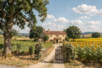 Paysage rural typique de Nouvelle-Aquitaine avec une ferme en pierre et des vignobles illustrant les meilleurs gîtes de la région