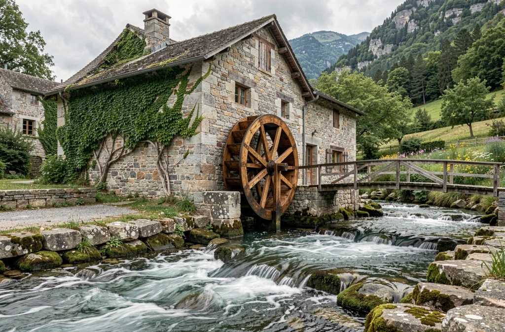 Le Moulin de Lasserre, ancien moulin à eau en pierre avec roue en bois et ruisseau de montagne en Ariège