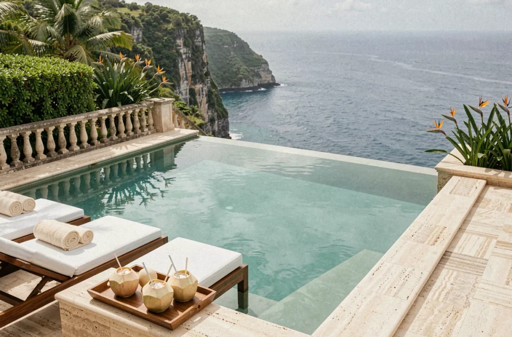 Piscine à débordement d'un hôtel cinq étoiles avec vue sur la mer des Caraïbes en Guadeloupe
