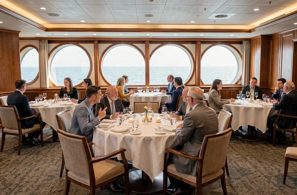 Salle de restauration élégante d'un paquebot de croisière avec vue sur l'océan Atlantique