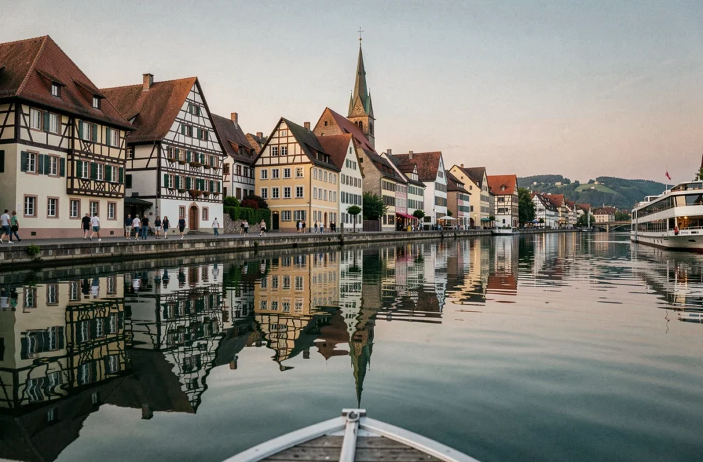 Vue sur la ville de Rüdesheim am Rhein depuis le fleuve avec un bateau de croisière amarré lors d'un week-end sur le Rhin