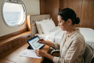 Femme vérifiant les détails de réservation de sa cabine de croisière NCL sur une tablette et des documents imprimés