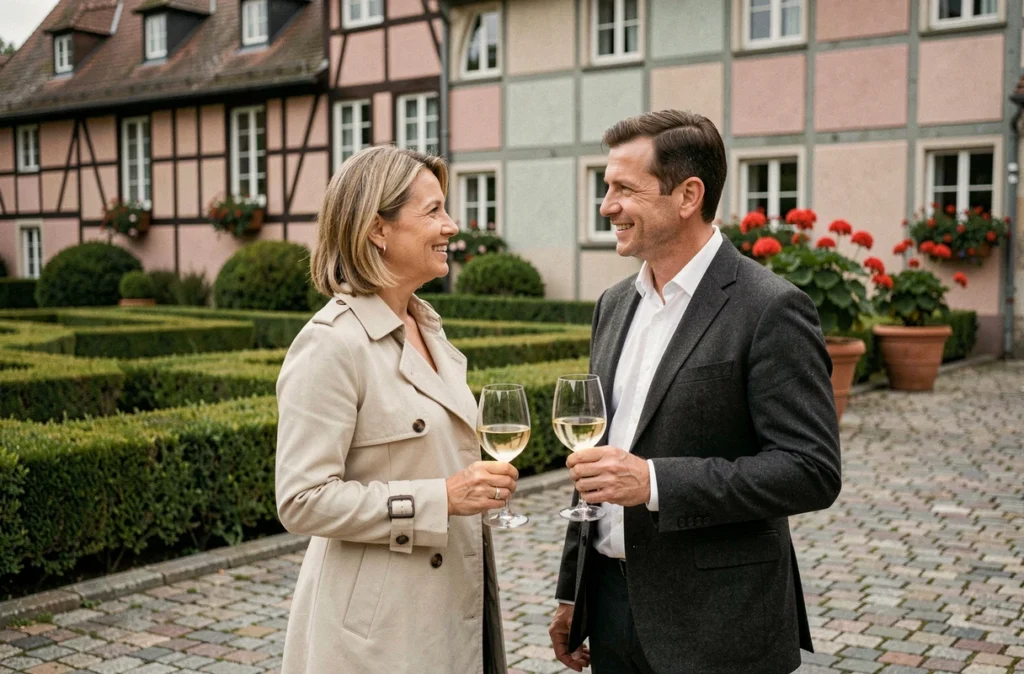 Couple élégant dégustant du vin alsacien en terrasse d'un hôtel 5 étoiles sur la Route des Vins d'Alsace