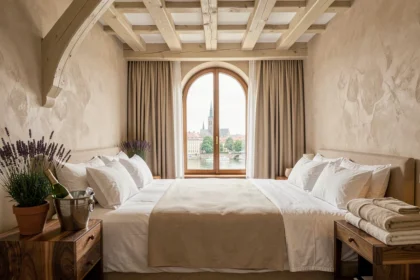 Suite luxueuse d'un hôtel 5 étoiles à Strasbourg avec vue sur la cathédrale et décoration alsacienne raffinée