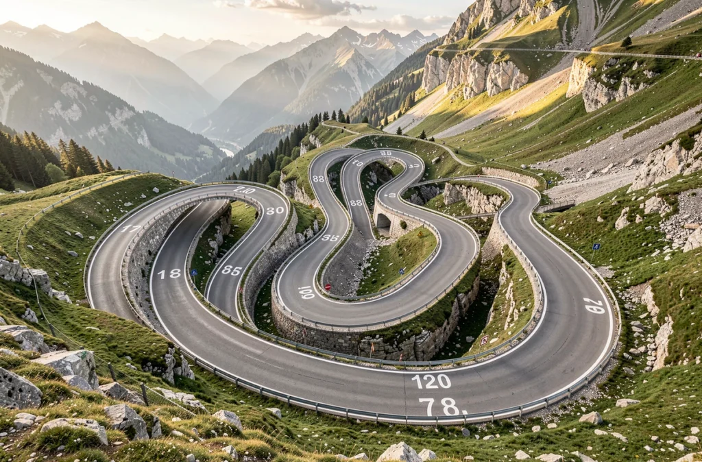 Lacets de la route du Stelvio vus d'en haut au-dessus de Trafoi