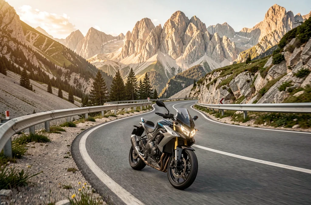 Motard dans un lacet de la route du Stelvio