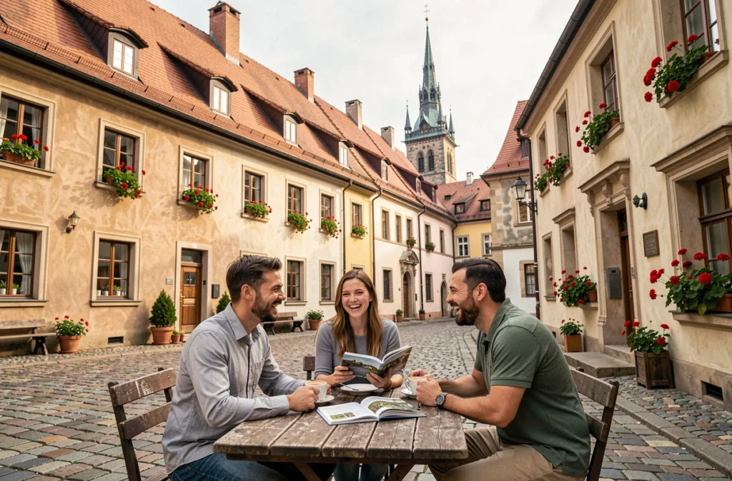 Groupe d'amis attablés en terrasse sur la Petite Place de Sibiu avec les célèbres fenêtres en forme d'yeux