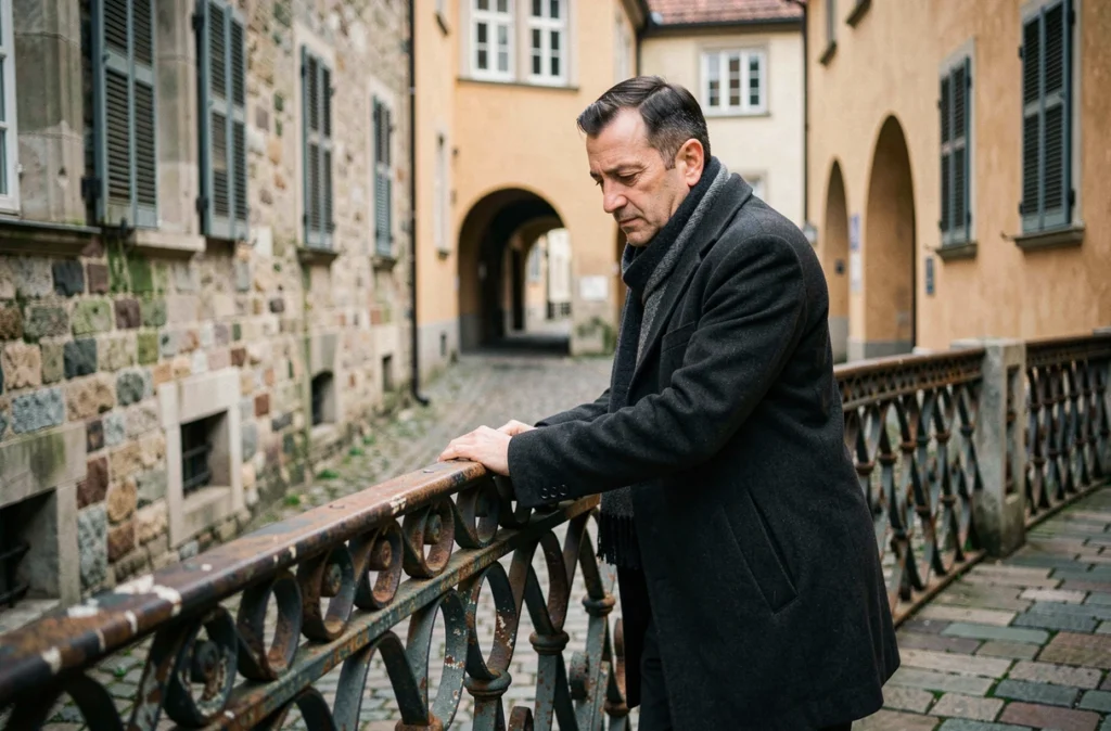 Homme pensif sur le Pont des Mensonges à Sibiu entouré de ruelles médiévales pavées