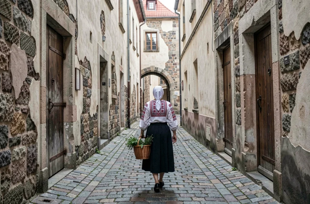Femme en costume traditionnel roumain marchant dans une ruelle médiévale pavée de la Ville Basse de Sibiu